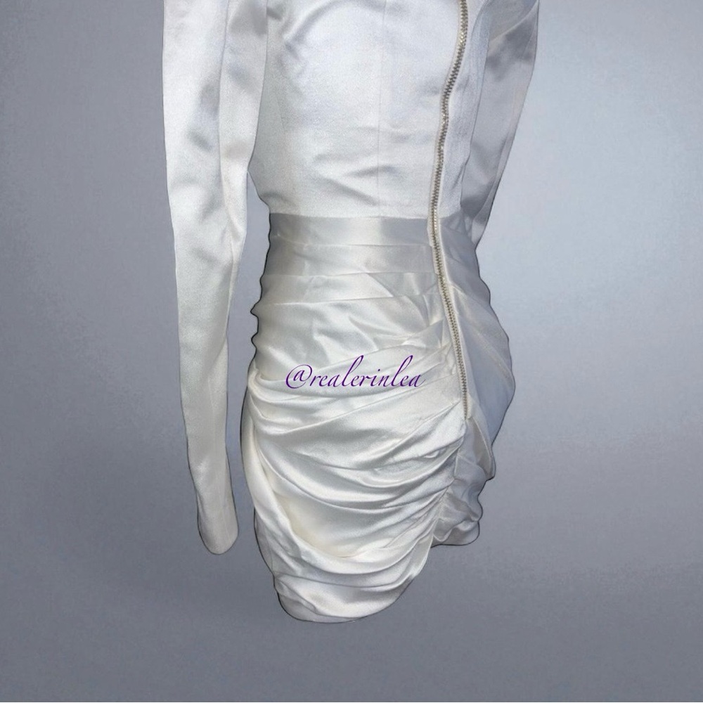 Balmain Plunge-Neck Deep V Satin Dress Mini Blazer White EU 34 0 2 NWT Authentic - Picture 5 of 16